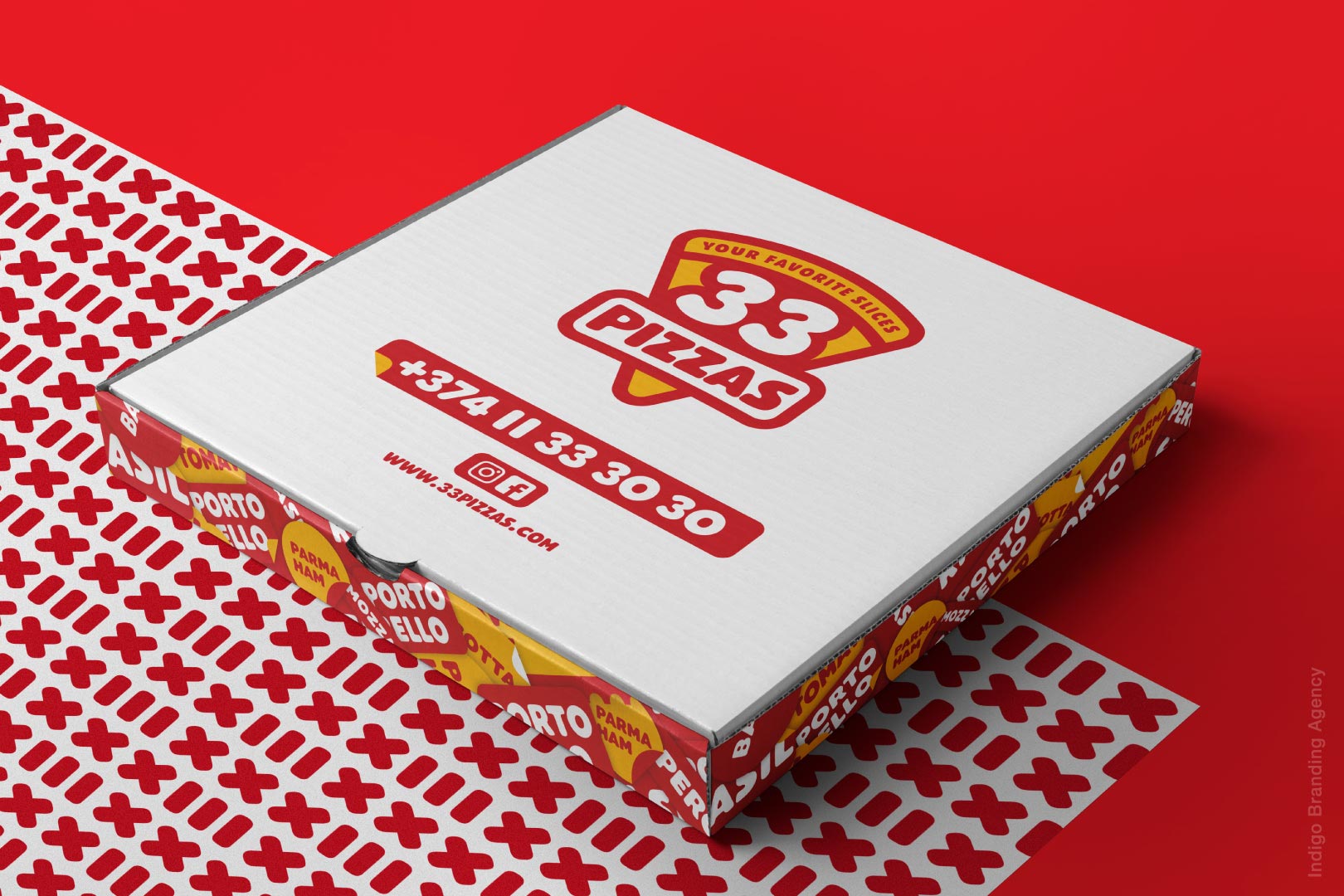 33 pizzas packaging for order delivery branded by indigo Branding