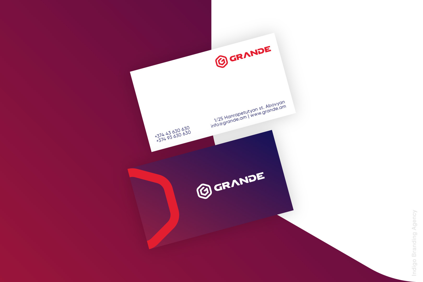 Grande electronics store visit cards with gradient, branding and logo design done by indigo branding and interior design by futuris architects